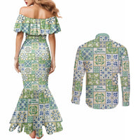 Mele Kalikimaka Hawaii Christmas Couples Matching Mermaid Dress and Long Sleeve Button Shirt Omaomao Seamless Floral Motif LT9 - Polynesian Pride