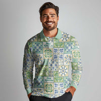 Mele Kalikimaka Hawaii Christmas Long Sleeve Polo Shirt Omaomao Seamless Floral Motif - Polynesian Pride