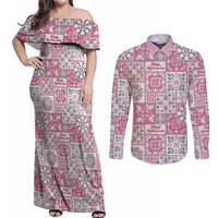 Mele Kalikimaka Hawaii Christmas Couples Matching Off Shoulder Maxi Dress and Long Sleeve Button Shirt Akala Seamless Floral Motif LT9 Pink - Polynesian Pride