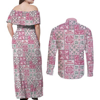 Mele Kalikimaka Hawaii Christmas Couples Matching Off Shoulder Maxi Dress and Long Sleeve Button Shirt Akala Seamless Floral Motif LT9 - Polynesian Pride