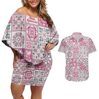 Mele Kalikimaka Hawaii Christmas Couples Matching Off Shoulder Short Dress and Hawaiian Shirt Akala Seamless Floral Motif LT9 Pink - Polynesian Pride