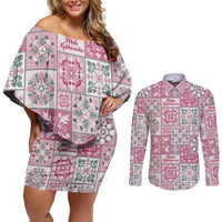 Mele Kalikimaka Hawaii Christmas Couples Matching Off Shoulder Short Dress and Long Sleeve Button Shirt Akala Seamless Floral Motif LT9 Pink - Polynesian Pride