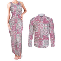 Mele Kalikimaka Hawaii Christmas Couples Matching Tank Maxi Dress and Long Sleeve Button Shirt Akala Seamless Floral Motif LT9 Pink - Polynesian Pride