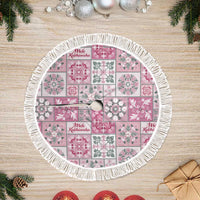 Mele Kalikimaka Hawaii Christmas Tree Skirt Akala Seamless Floral Motif LT9 Fringed Pink - Polynesian Pride