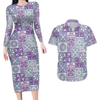 Mele Kalikimaka Hawaii Christmas Couples Matching Long Sleeve Bodycon Dress and Hawaiian Shirt Poni Seamless Floral Motif LT9 Purple - Polynesian Pride