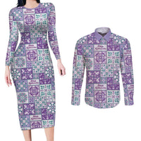 Mele Kalikimaka Hawaii Christmas Couples Matching Long Sleeve Bodycon Dress and Long Sleeve Button Shirt Poni Seamless Floral Motif LT9 Purple - Polynesian Pride