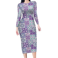 Mele Kalikimaka Hawaii Christmas Long Sleeve Bodycon Dress Poni Seamless Floral Motif - Polynesian Pride