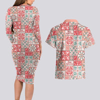 Mele Kalikimaka Hawaii Christmas Couples Matching Long Sleeve Bodycon Dress and Hawaiian Shirt Ulaula Seamless Floral Motif LT9 - Polynesian Pride