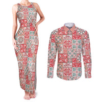 Mele Kalikimaka Hawaii Christmas Couples Matching Tank Maxi Dress and Long Sleeve Button Shirt Ulaula Seamless Floral Motif LT9 Red - Polynesian Pride