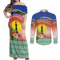 New Caledonia Nautilus Shell Couples Matching Off Shoulder Maxi Dress and Long Sleeve Button Shirt Polynesian Tropical Flowers