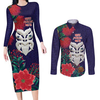 Maori Wheku Meri Kirihimete Personalised Couples Matching Long Sleeve Bodycon Dress and Long Sleeve Button Shirt All Blue Indigenous Maori Motif LT9 Blue - Polynesian Pride