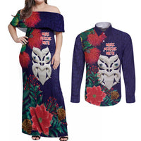 Maori Wheku Meri Kirihimete Personalised Couples Matching Off Shoulder Maxi Dress and Long Sleeve Button Shirt All Blue Indigenous Maori Motif LT9 Blue - Polynesian Pride