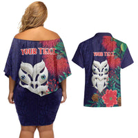 Maori Wheku Meri Kirihimete Personalised Couples Matching Off Shoulder Short Dress and Hawaiian Shirt All Blue Indigenous Maori Motif LT9 - Polynesian Pride