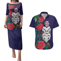 Maori Wheku Meri Kirihimete Personalised Couples Matching Puletasi and Hawaiian Shirt All Blue Indigenous Maori Motif LT9 Blue - Polynesian Pride