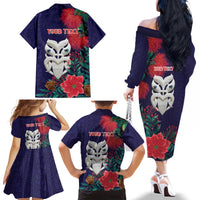 Maori Wheku Meri Kirihimete Personalised Family Matching Off The Shoulder Long Sleeve Dress and Hawaiian Shirt All Blue Indigenous Maori Motif - Polynesian Pride
