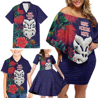 Maori Wheku Meri Kirihimete Personalised Family Matching Off Shoulder Short Dress and Hawaiian Shirt All Blue Indigenous Maori Motif - Polynesian Pride