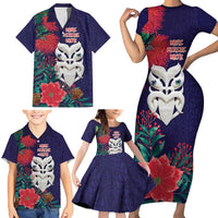 Maori Wheku Meri Kirihimete Personalised Family Matching Short Sleeve Bodycon Dress and Hawaiian Shirt All Blue Indigenous Maori Motif - Polynesian Pride