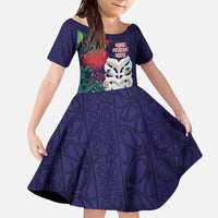 Maori Wheku Meri Kirihimete Personalised Kid Short Sleeve Dress All Blue Indigenous Maori Motif - Polynesian Pride