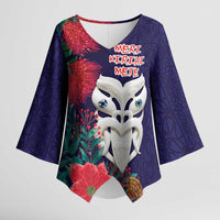 Maori Wheku Meri Kirihimete Personalised Kimono Sleeve Blouse All Blue Indigenous Maori Motif - Polynesian Pride