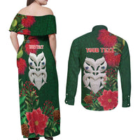 Maori Wheku Meri Kirihimete Personalised Couples Matching Off Shoulder Maxi Dress and Long Sleeve Button Shirt All Green Indigenous Maori Motif LT9 - Polynesian Pride