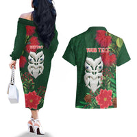 Maori Wheku Meri Kirihimete Personalised Couples Matching Off The Shoulder Long Sleeve Dress and Hawaiian Shirt All Green Indigenous Maori Motif LT9 - Polynesian Pride