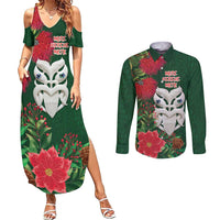 Maori Wheku Meri Kirihimete Personalised Couples Matching Summer Maxi Dress and Long Sleeve Button Shirt All Green Indigenous Maori Motif LT9 Green - Polynesian Pride