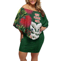 Maori Wheku Meri Kirihimete Personalised Family Matching Off Shoulder Short Dress and Hawaiian Shirt All Green Indigenous Maori Motif - Polynesian Pride
