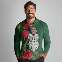Maori Wheku Meri Kirihimete Personalised Long Sleeve Polo Shirt All Green Indigenous Maori Motif - Polynesian Pride