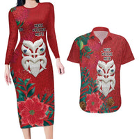 Maori Wheku Meri Kirihimete Personalised Couples Matching Long Sleeve Bodycon Dress and Hawaiian Shirt All Red Indigenous Maori Motif LT9 Red - Polynesian Pride