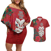 Maori Wheku Meri Kirihimete Personalised Couples Matching Off Shoulder Short Dress and Hawaiian Shirt All Red Indigenous Maori Motif LT9 Red - Polynesian Pride