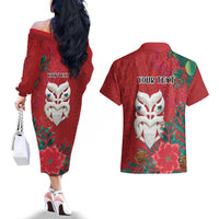 Maori Wheku Meri Kirihimete Personalised Couples Matching Off The Shoulder Long Sleeve Dress and Hawaiian Shirt All Red Indigenous Maori Motif LT9 - Polynesian Pride
