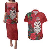 Maori Wheku Meri Kirihimete Personalised Couples Matching Puletasi and Hawaiian Shirt All Red Indigenous Maori Motif LT9 Red - Polynesian Pride