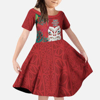 Maori Wheku Meri Kirihimete Personalised Family Matching Off Shoulder Maxi Dress and Hawaiian Shirt All Red Indigenous Maori Motif - Polynesian Pride