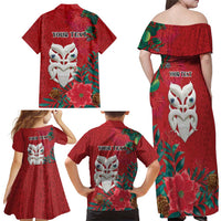 Maori Wheku Meri Kirihimete Personalised Family Matching Off Shoulder Maxi Dress and Hawaiian Shirt All Red Indigenous Maori Motif - Polynesian Pride