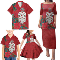 Maori Wheku Meri Kirihimete Personalised Family Matching Puletasi and Hawaiian Shirt All Red Indigenous Maori Motif - Polynesian Pride