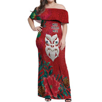 Maori Wheku Meri Kirihimete Personalised Off Shoulder Maxi Dress All Red Indigenous Maori Motif - Polynesian Pride