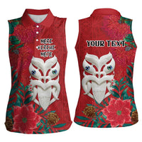 Maori Wheku Meri Kirihimete Personalised Women Sleeveless Polo Shirt All Red Indigenous Maori Motif - Polynesian Pride