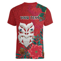 Maori Wheku Meri Kirihimete Personalised Women V-Neck T-Shirt All Red Indigenous Maori Motif - Polynesian Pride