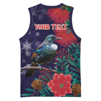 Tui Meri Kirihimete Personalised Basketball Jersey Pohutukawa Flowers Blue Motif - Polynesian Pride