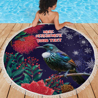 Tui Meri Kirihimete Personalised Beach Blanket Pohutukawa Flowers Blue Motif - Polynesian Pride
