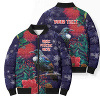 Tui Meri Kirihimete Personalised Bomber Puffer Jacket Pohutukawa Flowers Blue Motif - Polynesian Pride