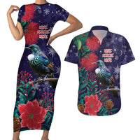 Tui Meri Kirihimete Personalised Couples Matching Short Sleeve Bodycon Dress and Hawaiian Shirt Pohutukawa Flowers Blue Motif LT9 Blue - Polynesian Pride