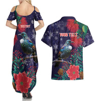 Tui Meri Kirihimete Personalised Couples Matching Summer Maxi Dress and Hawaiian Shirt Pohutukawa Flowers Blue Motif LT9 - Polynesian Pride