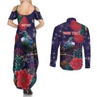 Tui Meri Kirihimete Personalised Couples Matching Summer Maxi Dress and Long Sleeve Button Shirt Pohutukawa Flowers Blue Motif - Polynesian Pride