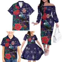 Tui Meri Kirihimete Personalised Family Matching Off The Shoulder Long Sleeve Dress and Hawaiian Shirt Pohutukawa Flowers Blue Motif - Polynesian Pride