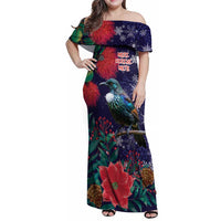 Tui Meri Kirihimete Personalised Family Matching Off Shoulder Maxi Dress and Hawaiian Shirt Pohutukawa Flowers Blue Motif - Polynesian Pride