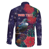 Tui Meri Kirihimete Personalised Family Matching Off Shoulder Short Dress and Hawaiian Shirt Pohutukawa Flowers Blue Motif - Polynesian Pride