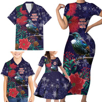 Tui Meri Kirihimete Personalised Family Matching Short Sleeve Bodycon Dress and Hawaiian Shirt Pohutukawa Flowers Blue Motif - Polynesian Pride