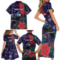 Tui Meri Kirihimete Personalised Family Matching Short Sleeve Bodycon Dress and Hawaiian Shirt Pohutukawa Flowers Blue Motif - Polynesian Pride