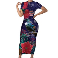 Tui Meri Kirihimete Personalised Family Matching Short Sleeve Bodycon Dress and Hawaiian Shirt Pohutukawa Flowers Blue Motif - Polynesian Pride